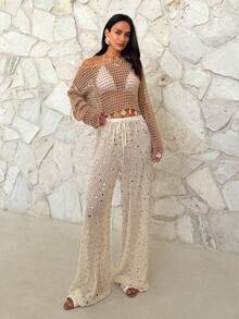 Firerie 女士优雅休闲镂空透视贝壳下摆宽松针织沙滩罩衫，适合春夏海滩度假 - 卡其色 - 查看 3