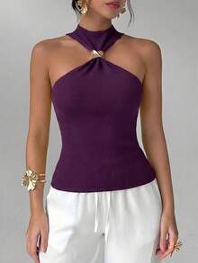 Aloruh 女士优雅简约现代金属装饰船领露肩套头针织毛衣，夏季针织上衣 - 紫色 - 查看 7