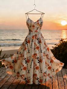 GlowEve Vestido de vacaciones con estampado floral romántico y cintura ceñida para mujer - amarillo ganso - Ver 1