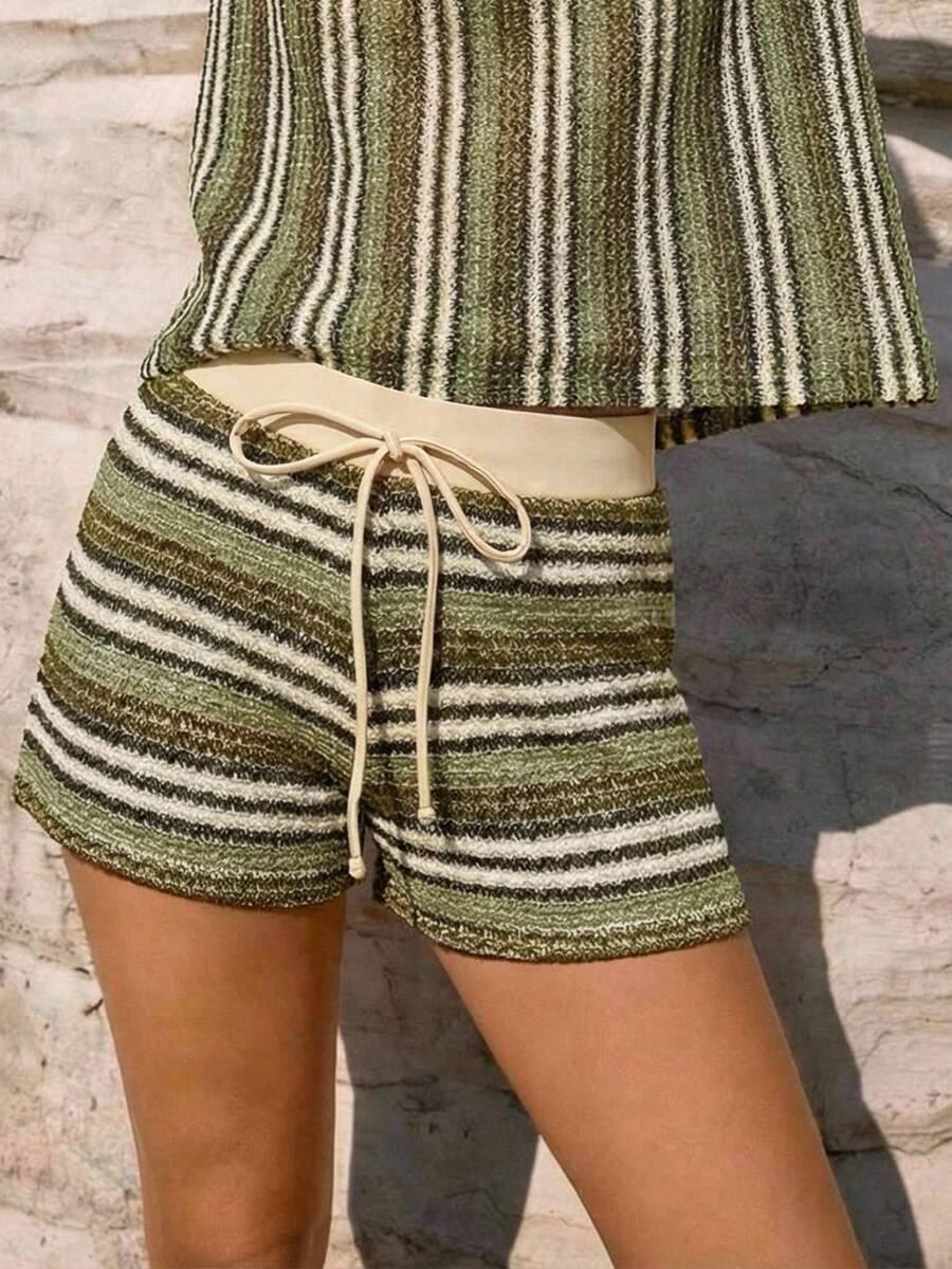 Maija 女士条纹系带腰带休闲沙滩短裤 - 軍綠色 - 查看 1