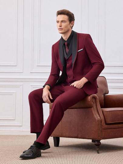 Officeau SuitGent 3 Pieces Men's High-Quality Business Suit, Solid Color Groom Wedding Attire, Slim Fit Casual Suit Jacket And Trousers Set, Spring