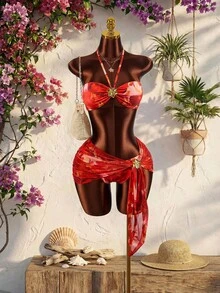 Amplova Conjunto de 3 piezas de traje de baño de mujer con efecto tie-dye rojo, con accesorios metálicos, sexy y vanguardista, adecuado para vacaciones en la playa, sexy y lindo con estampado floral - Multicolor - View 4