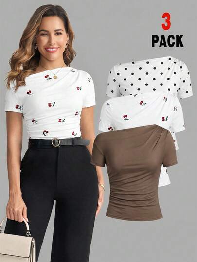 Ellevyn Conjunto de 3 blusas elegantes de mujer con cintura fruncida asimétrica, estampado de cerezas, estampado de lunares y unicolor, versátil para múltiples ocasiones