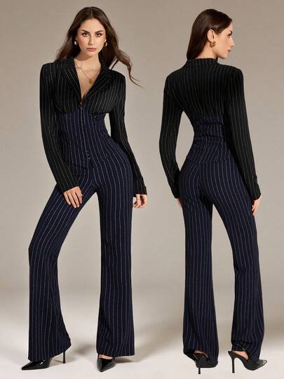 SHEIN Tall 女士优雅性感蓝黑条纹撞色套装，包含修身西装外套+低腰V领喇叭裤，时尚休闲商务装，通勤装，职业装，适合日常出行、约会、派对和正式场合。