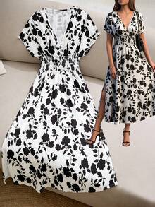 Louniche 女士褶皱水墨印花长裙，夏季 - 白色 - 查看 8