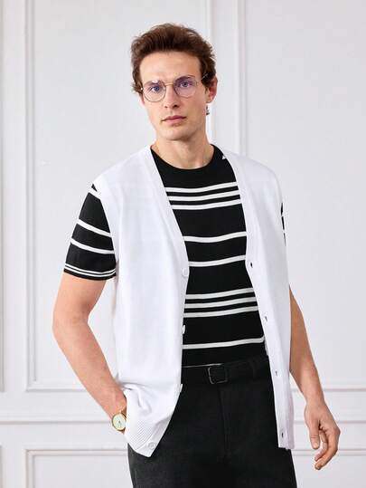 Officeau V领纽扣前开襟休闲纯色男士毛衣背心