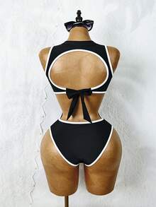 Swim SPRTY High-End Black & White Contrast Color One-Piece Swimsuit, Slimming & Flattering, Halter Backless Design, Suitable For Vacation, Hot Spring Swimming - Black - View 9