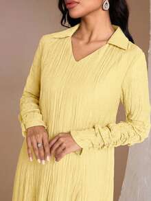 Veilorie Conservative Casual Ruched Sleeve Dress, Women's Arabic Style Long Dress - Yellow - View 8