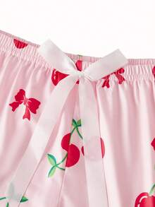 Women's Cherry Print Cami Top And Shorts Pajama Set Holiday Season - Pink - View 5