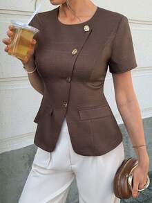 Elyressa 女士法式梭织休闲夏季衬衫 - 棕色 - 查看 6