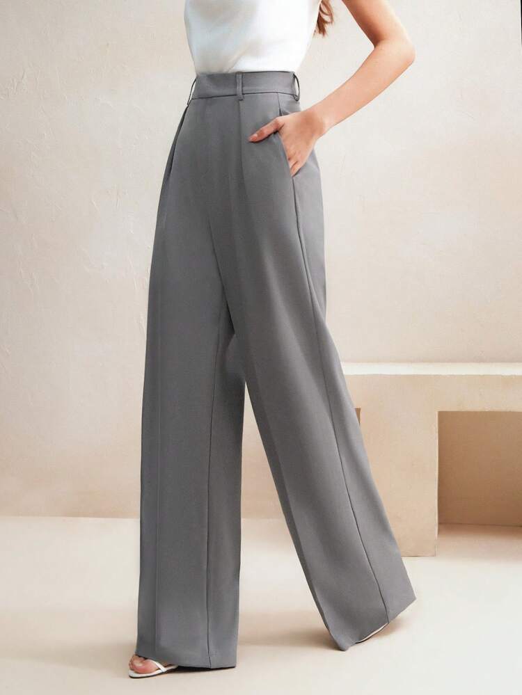 Elegant Stylish Design Pleated Shallow Grey Women's Suit Pants, Pockets, Straight Leg, Suitable For Tall, Fall, Winter, Summer, Spring, New Year, Party, Wedding, Elegant, Chic, Stylish, Business Casual