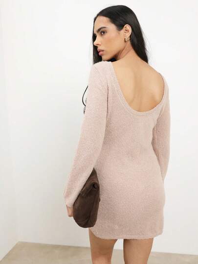 KSTM Soft Knit Long Sleeve Mini Sweater Dress With Scoop Back Neckline Bodycon Fit Fall Winter