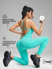 Innovista 女士交叉露背连体骑行短裤 - 綠色 - 查看 5