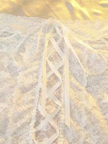 DelicateAllure 2 件蕾丝拼布交叉带露肩性感内衣套装：睡袍 + 丁字裤 - 白色 - 查看 5