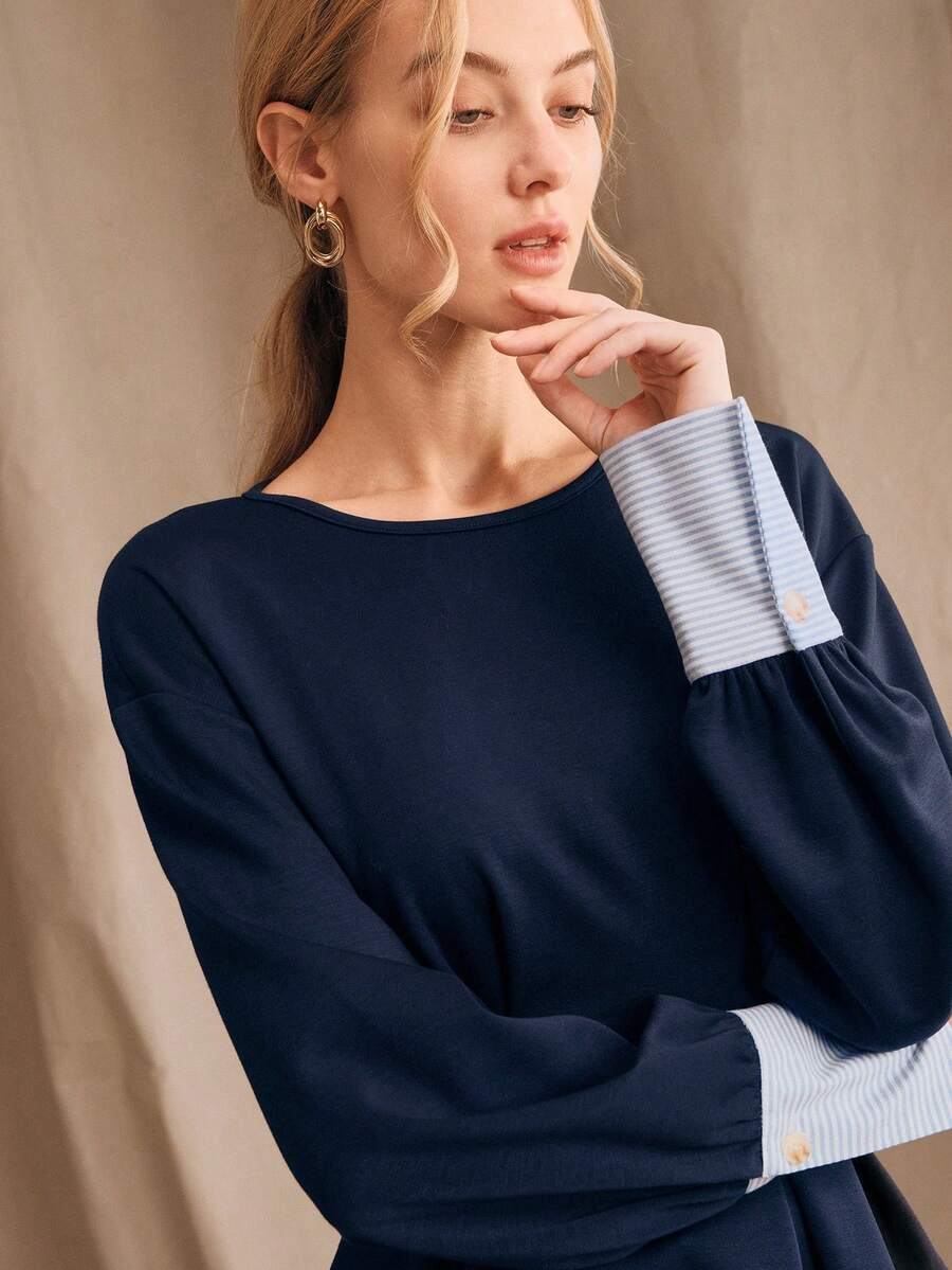 Anewsta Sudadera de mujer de otoño con parches a rayas, diseño de cintura plisada, elegante pullover - Azul Marino - Ver 1