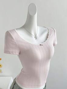 Women's Casual Pink Heart Striped Ruffle Floral Short Sleeve T-Shirt, Sweet And Versatile For Daily Wear, Summer - Baby Pink - View 6