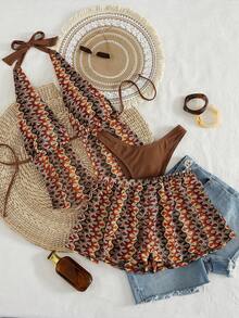 Voyashape Conjunto de bikini de 3 piezas de estilo bohemio con degradado de café oscuro ondulado tejido para mujer, conjunto de top corto y pantalones cortos anchos con degradado de naranja-marrón-amarillo ondulado y colorido de estilo retro para vacaciones, cómodo, con triángulo inferior, tirantes finos, espalda descubierta, estilizador, sexy y elegante para la playa, el agua, festivales de música y fiestas - Multicolor - Ver 6