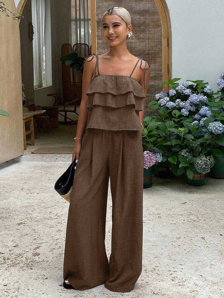 2pcs/Set Women's Fashion Ruffled Crop Camisole Top And High Waist Tie Waist Wide Leg Casual Pants, Summer Lounge Sets For Women