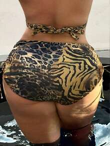 Swim SXY Plus Size Knitted Leopard Print Tie Side Bikini Bottoms With  Details Short Length Multicolor Swimwear - Multicolor - View 2