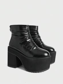 Sugerpunk 女士黑色朋克风圆头粗跟褶皱踝靴 - 黑色 - 查看 2