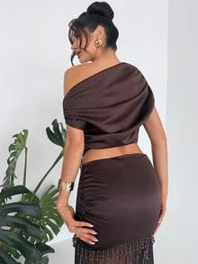 Firerie Women's Elegant Minimalist Dignified Fashion Refined Modern Commute Casual New Style Fashionable Vacation Ruffle Shoulder Short T-Shirt Top - Brown - View 6