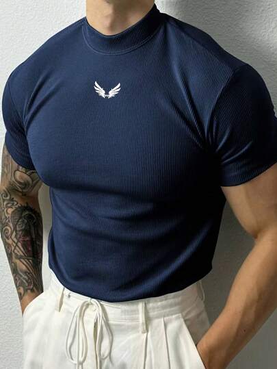 RISE LYT Men's Wing Print Stand Collar Short Sleeve Sports T-Shirt