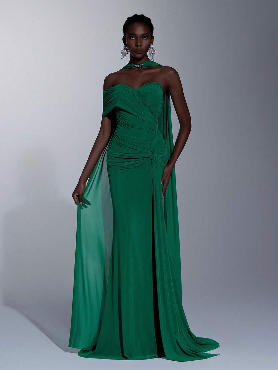 Elitara 优雅绿色弹力针织网纱无肩带褶皱胸部扭结腰身不对称鱼尾裙摆连衣裙（配有可拆卸金属吊坠），适合约会、度假、单身派对、婚礼、返校活动等场合。 - 綠色 - 查看 1