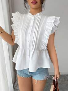 Elenzga Damen Frühling/Sommer Casual Urlaubs Weißes Einfarbiges Cut Out Besticktes Spitze Patchwork Hemd, geeignet für Reisen und Pendeln - Weiss - Übersicht 3