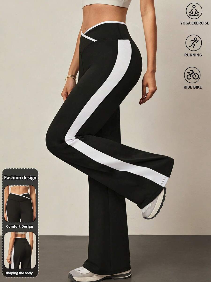 With My Calm Casual Sports Yoga Black & White Patchwork Criss-Cross Waist Pants - Black and White - View 1