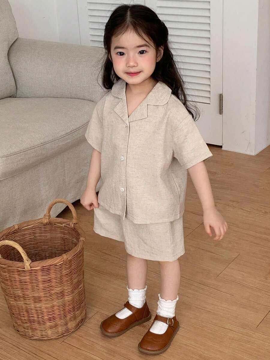 DAZY Baby Girl Comfortable Korean Style Solid Color Collar Shirt 2 Pieces Set - Apricot - View 1