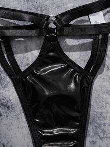 AltCore 一套女士时尚性感纯色镂空吊带文胸和丁字裤 - 黑色 - 查看 8