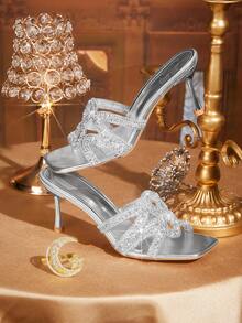 CUCCOO TILAWA Women Shoes Square Toe Slender Heel Silver Transparent Film Hollow Rhinestones Sexy Fashion Elegant Gorgeous Women's High Heel Sandals Slippers With Skirts Daily Versatile Banquet Party Women's Sandals - Silver - View 1