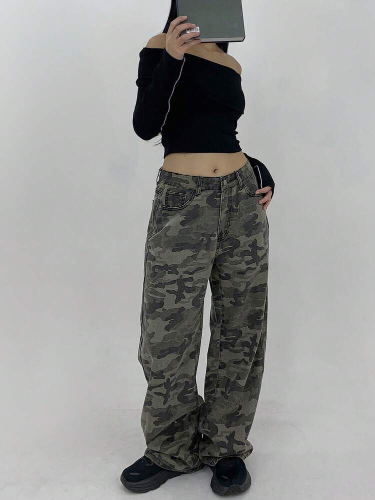 Women's Camouflage Korean Style All-Over Print Loose Fit Casual Jeans