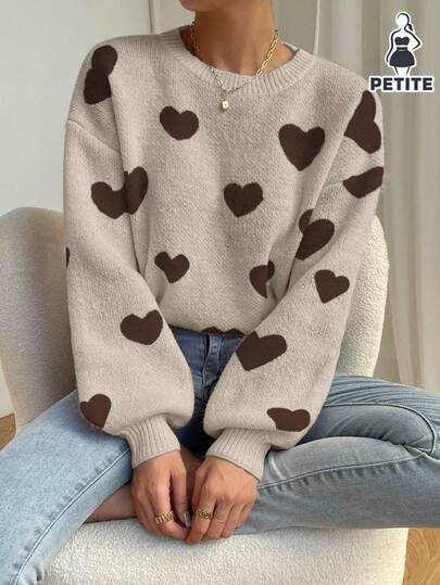 SHEIN PETITE This Women's Casual, Versatile Color-Blocked Sweater Features A Round Neck, A Relaxed Fit, Lantern Sleeves With Ribbed Cuffs, And A Light Beige Base With A Dark Brown Heart Jacquard Pattern. Suitable For Spring, Autumn, And Winter Wear