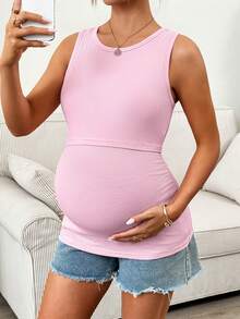 SHEIN 孕妇纯色罗纹休闲哺乳背心 - 粉色 - 查看 3