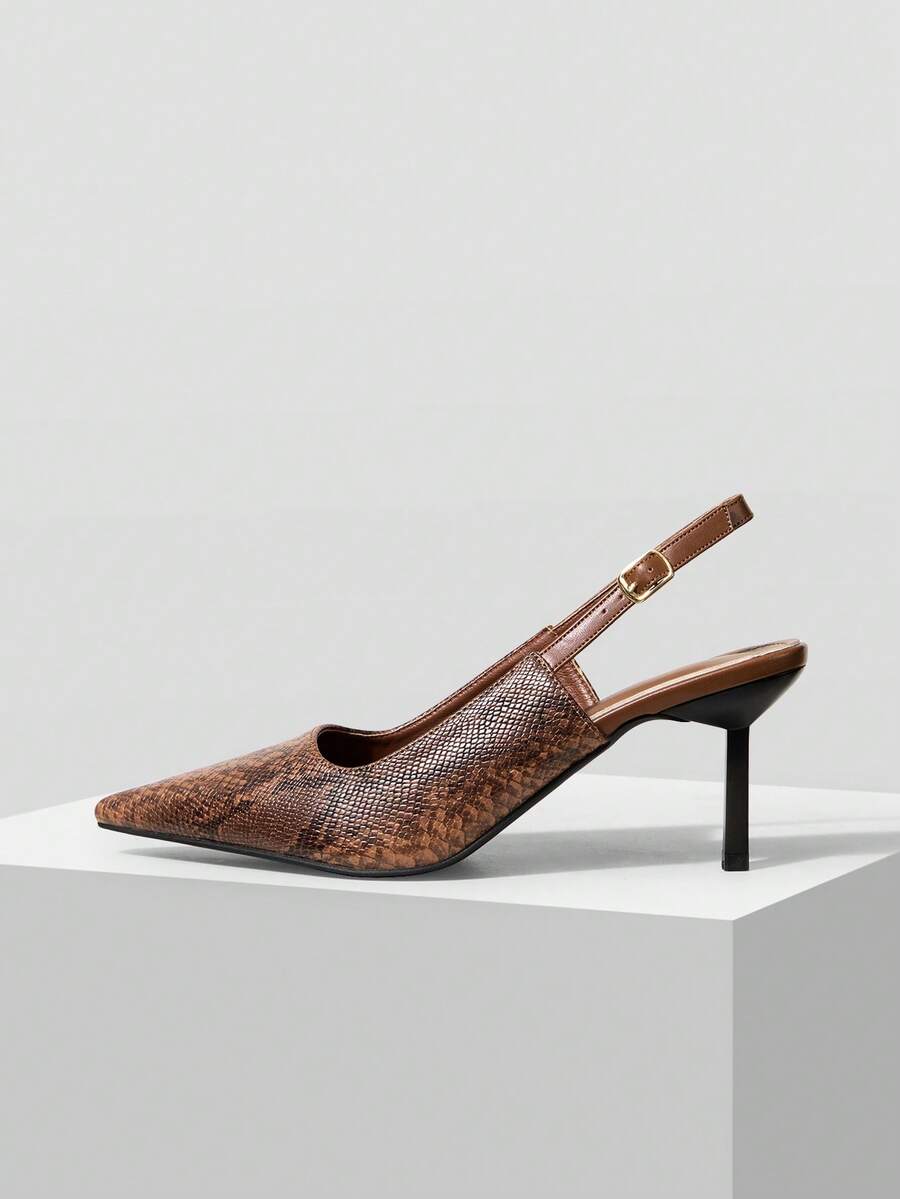 Mnmlis Women Shoes Spring Summer Snake Pattern Metal Buckle Pointed Heel Retro Faux Leather Brown Sandals Commuter Dating - Brown - View 1