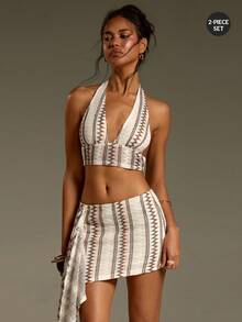 Athîral 女士春夏休闲度假针织露脐吊带上衣和迷你裙两件套 - 杏色 - 查看 1