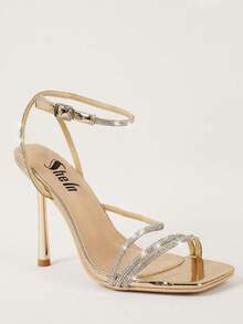 SHUZIA Women's Cross Straps Rhinestone Ankle Strap Dressy High Heels Wedding Shoes For Christmas Valentine's Day - Champagne - View 2