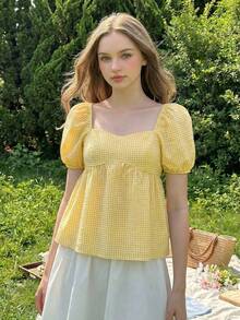 少女休闲格子花瓣袖衬衫，夏季 - 黃色 - 查看 1