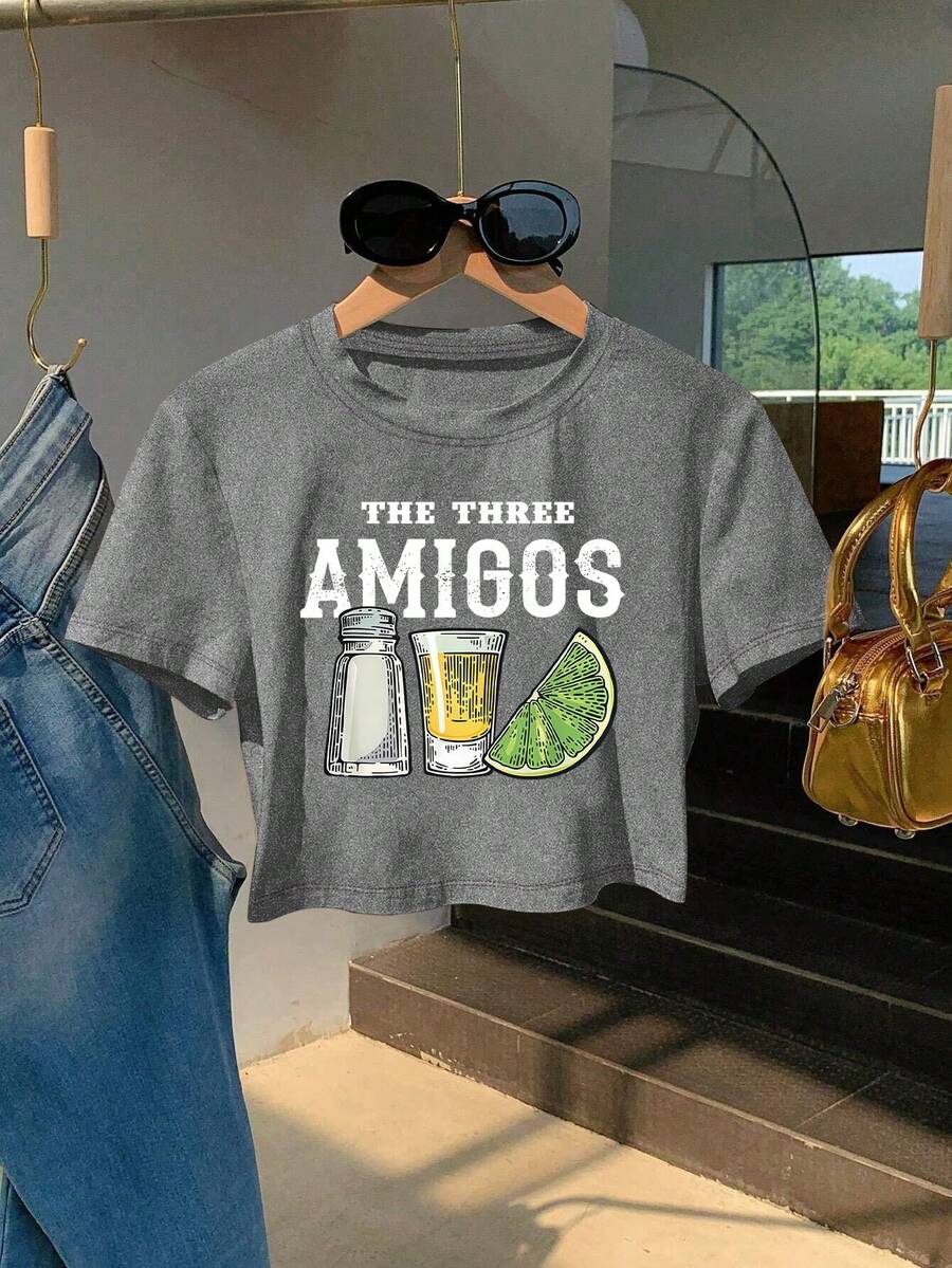 Plus Size Women Slogan Print Round Neck Short Sleeve Casual Cropped T-Shirt - Grey - View 1