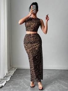 Rafferiza Petite 女士优雅豹纹无袖上衣和裙子两件套 - 咖啡棕 - 查看 3