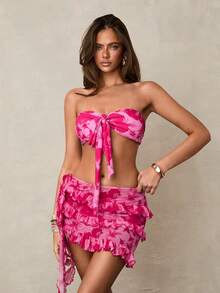 Swim Vcay Basics Women Sexy Tie Dye Tie-Dye Print Bandeau Bikini Set - Pink - View 4