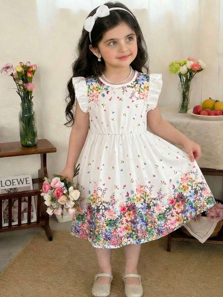 SHEIN Đầm ngắn tay bồng cho bé gái, in hoa, thanh lịch, thời trang, phù hợp mặc thường ngày, quà tặng lý tưởng cho hoạt động ngoài trời, phong cách xuân hè. - trắng - Xem 1