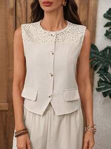 EMERY ROSE Women's Vacation Casual Lace Patchwork Thin Vest For Mother Elegant - Khaki - View 5
