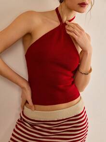 CasuGlow Halter Top And Mini Skirt Women Summer Clothes Set - Red and White - View 5