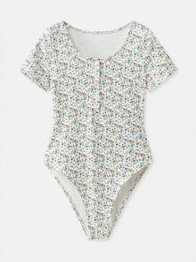 lacRébo Ditsy Floral Print Rib Bodysuit With Button Front Detail Spring Summer Casual Boho French Style Parisian Style - Multicolor - View 8