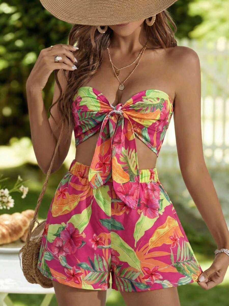 KARISMINA 女士雪纺吊带背心和宽松半裙两件套，春夏度假装 - 鵝黃色 - 查看 1