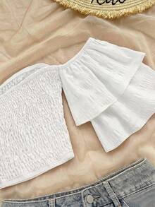 SHEIN WYWH New Arrival Spring/Summer Ruffled Hem Printed Tube Top For Women,Summer Top - White - View 4
