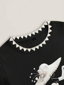 Resyla 女士印花T恤和条纹裤两件套 - 黑色 - 查看 4