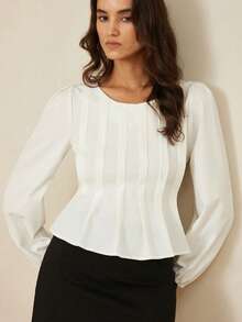 BELROSIE Nueva llegada Blusa elegante de mujer con mangas de linterna de imitación de lino fruncido y cintura ceñida - Blanco - Ver 4